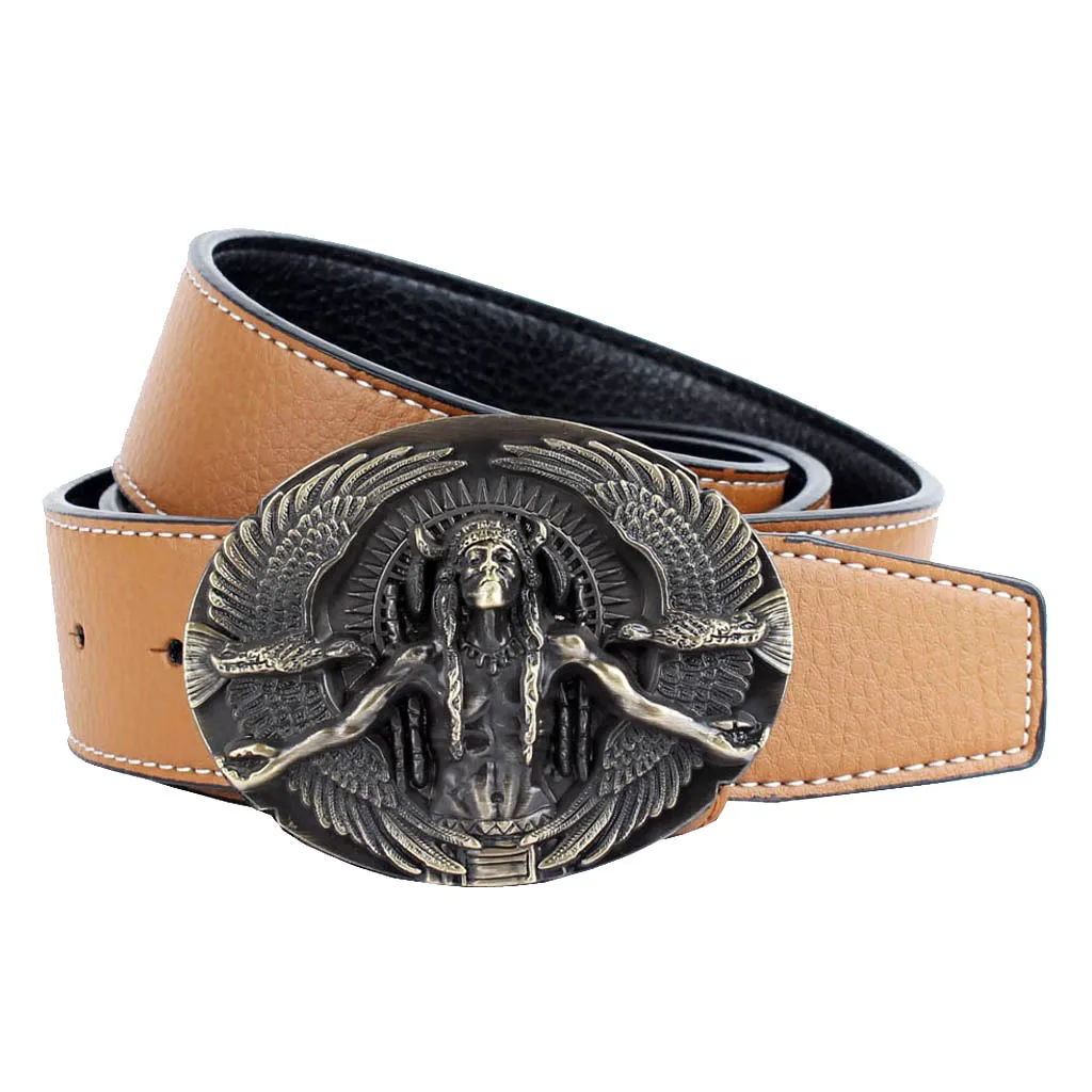 Luxury Native  Chief Tribe Leader Oval Shape Buckle Fiber Leather Belt Cowboy Waist Belt