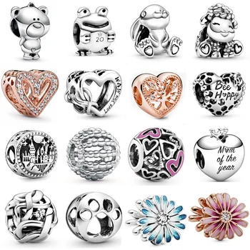 

S925 Beads Rabbit Bear Frog Sheep Daisy Heart Castle Paw Bee Happy Charms for Women Bracelets