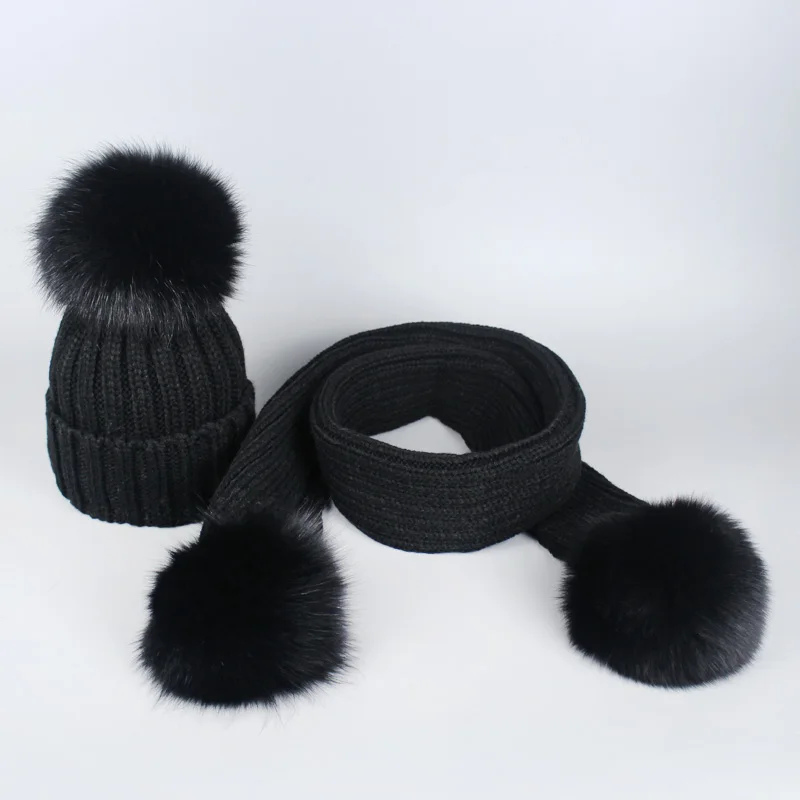 Настоящий помпон лисий мех Шапочка-шарф набор для детей женские зимние теплые шапочки шапки вязаные уличные шапки женский комплект высокого качества - Цвет: P