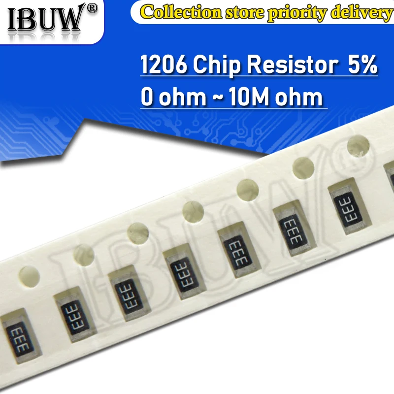 100 шт. 1206 SMD резистор 0R ~ 10M 1/4W 0 1 10 5% 150 220 Ом 1K 330 K 10K 2 1R 10R 100R 150R 220R 330R 1M 10M|Резисторы| |