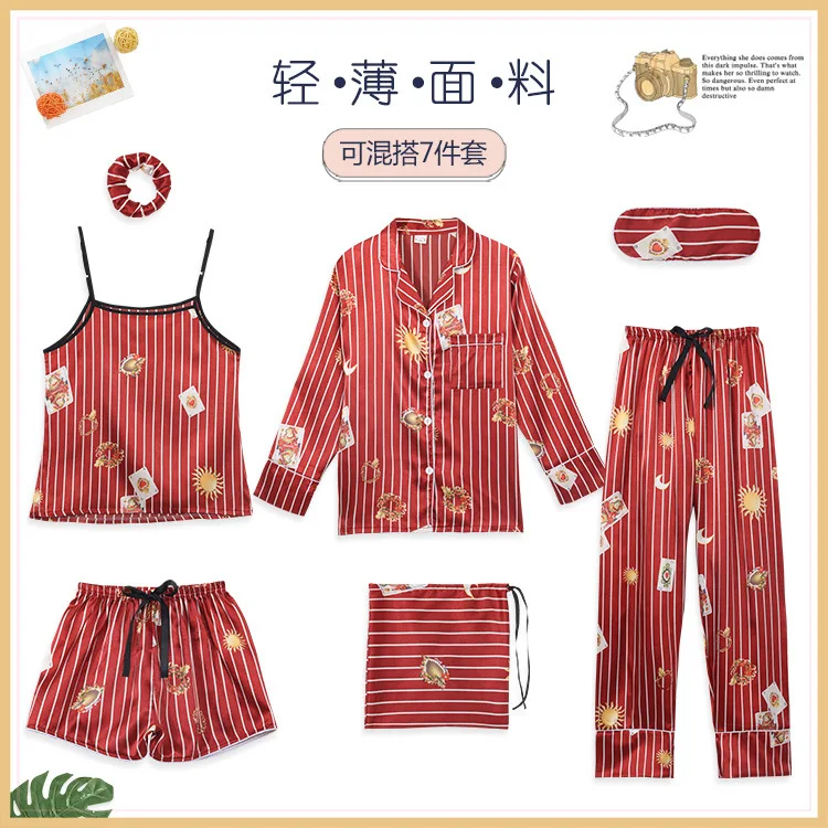 

Spring And Summer Imitated Silk Pajamas Women's New Style Seven Sets of Korean-style Shorts Camisole Trousers Sweet Silk Homewea