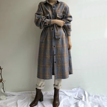 

L-Women Autumn Winter Long Woolen Long Plaid Shirt Coat Long Sleeve plus size Bandage Elegant Overcoat Outer Wear vintage Jacket