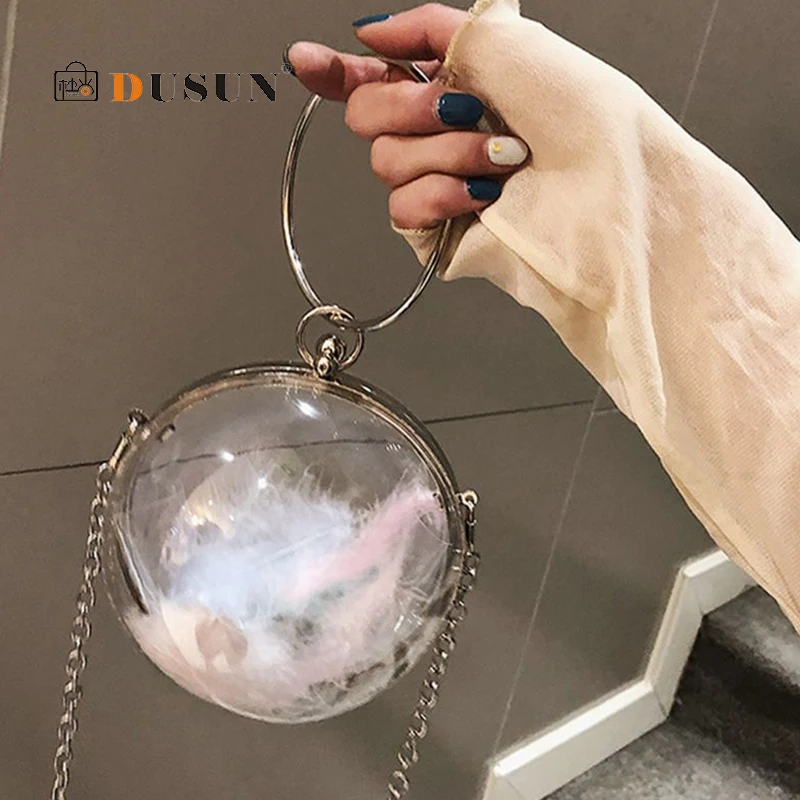 

Clear Round Acrylic Chains Crossbody Bags for Women 2020 Feather Transparent Clip Handbags Ladies Small Party Clutch Purses Ins