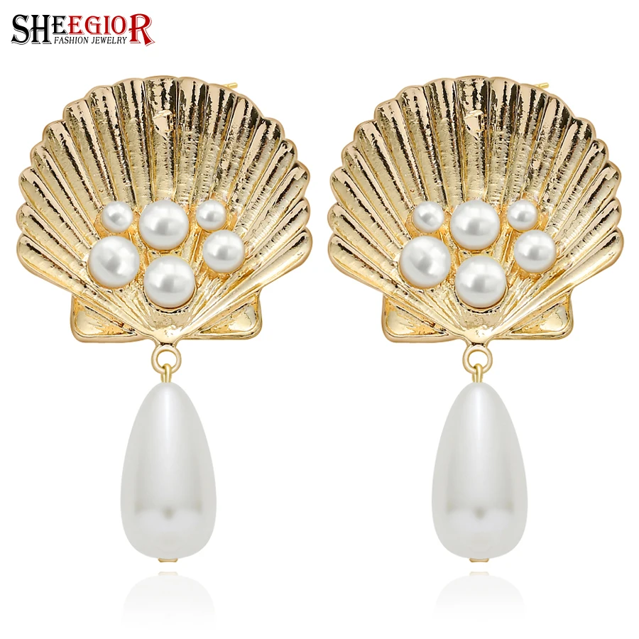 

Gold Shell Pearl Dangle Big Earrings for Women Accessories Fashion Hyperbole Big Scallop Drop Long Earrings Fashion Jewelry Gift
