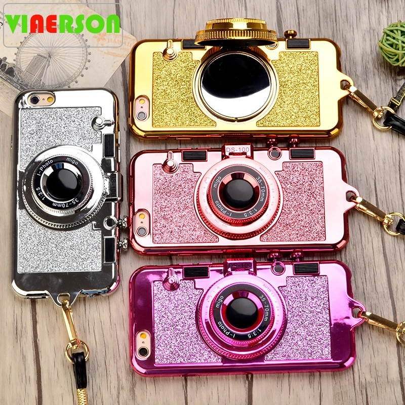 3D Camera Case For iPhone X 10 7 8 Plus Luxury Plating TPU+PC Kickstand Phone Cover With Lanyard 6 6SPlus Mirror Capa |