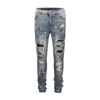 

Men Jeans Denim Knee Hole Scratch Patch Black Vintage High Street Pencil Pants Stretch HIP HOP Punk Streetwear Trousers