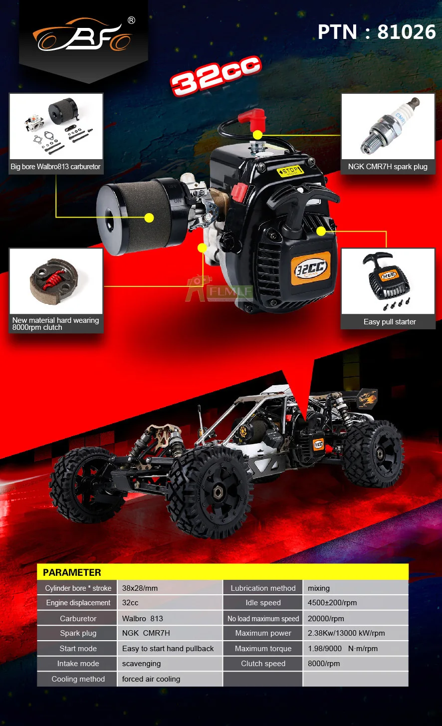 

1/5 Rc Engine Parts 32CC 4 Bolts Easy Start Engine with Large Diameter Walbro813 Carburetor NGK Spark Plug for HPI ROVAN KM BAJA