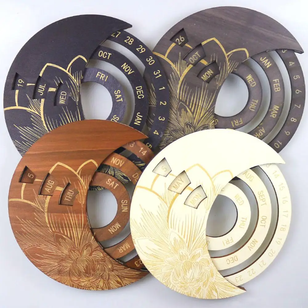 Wooden Round Turntable Calendar Creative Wooden Wall Calendar Wall Hanging Crafts Desktop Decorative Classic Gift