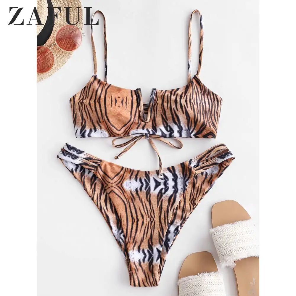 

ZAFUL Bikini Sets V-wired Lace-up Tiger Print Bikini Swimsuit High Cut Leopard Women Bathing Suit Animal Print Sexy Swimwear