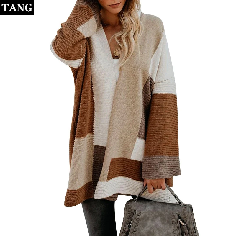 

Loose Geometric Color Matching Sweater Cardigan Women 2019 Autumn Winter New Casual Print Knitted Oversize Jumper Femme