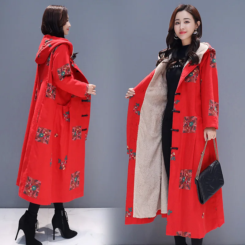 

2019 Winter Style Ethnic-Style Trend Literature And Art plus Velvet Hooded Trench Coat Fat Mm Slimming Comfortable Mid-length Wo