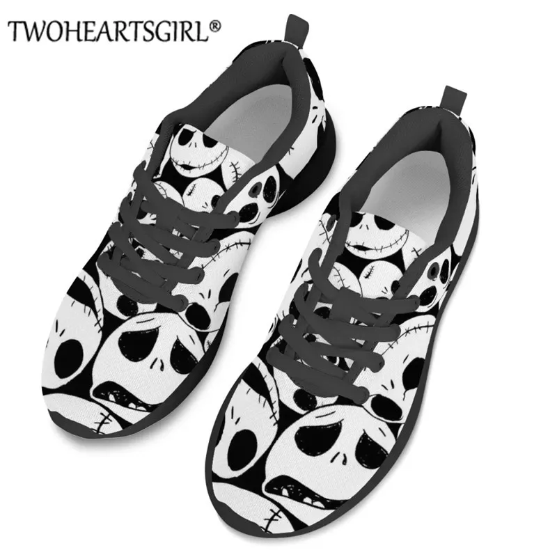 

Twoheartsgirl White Cool Cartoon Nightmare Before Christmas Pattern Women Casual Sneakers Skull Comfortable Mesh Flats Shoes