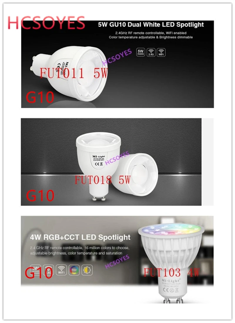 

milight GU10 FUT011 5W Dual White /FUT018 5W RGBW/FUT103 4W RGB+CCT LED Spotlight need 2.4ghz RF wifi Remote control AC100~240V