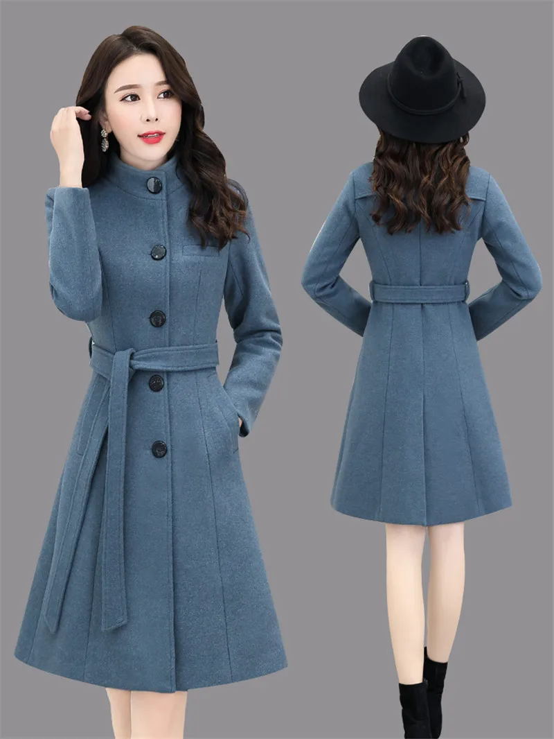 Новое осенне-зимнее шерстяное пальто женское длинное корейское плотное теплое шерстяное пальто куртка синее женское однобортное повседневное пальто F992