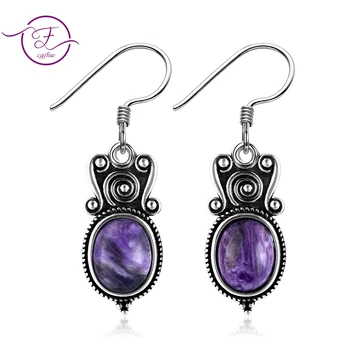 

8x10MM Oval Natural Moonstone Charoite Drop Earrings For Women 925 Sterling Silver Party Engagement Wedding Fine Jewelry Earring