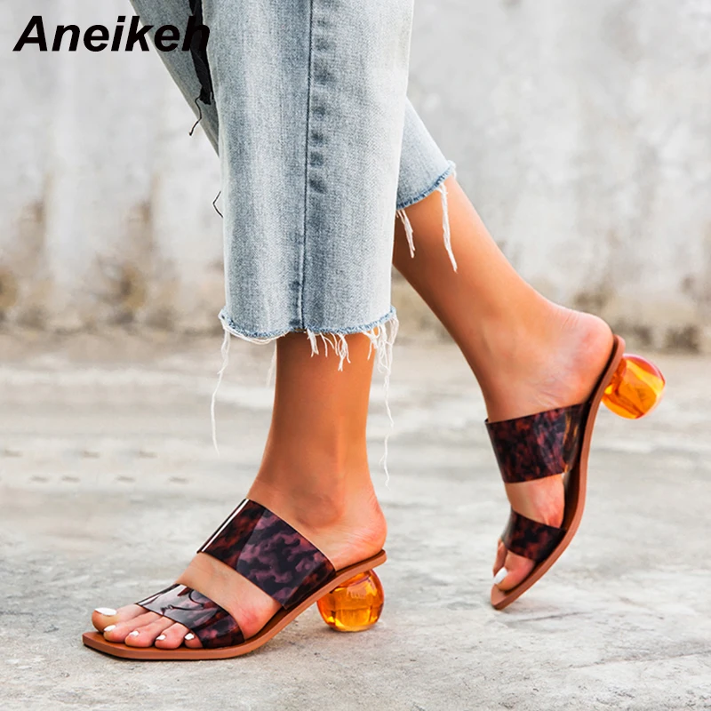

Aneikeh PVC Leopard High Heel Slippers Summer Fashion Square head Slip On Round heel Slides Women Mules Dress Pumps Size 41 42