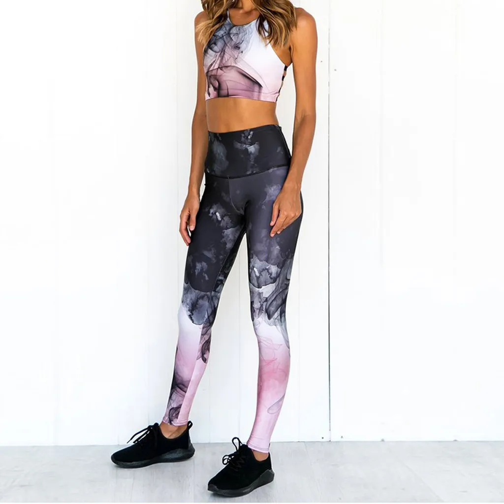 Женские спортивные Леггинсы для йоги с полым принтом, эластичная Спортивная безрукавка для фитнеса+ штаны, одежда с высокой талией для йоги, комплект леггинсов для бега