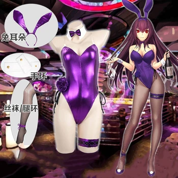 

Fate Grand Order Game Cos Fgo Scathach Cosplay Costume Bunny Girl Sexul Jumpsuit With Purple Rabbit Hair Band Fishnet Stocking