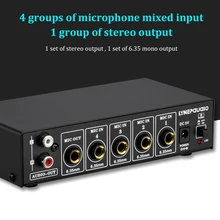 4-kanałowy mikser do mikrofonu Mini mikser Audio z Reverb tonów wysokich i niskich regulacja 6 5mm mikrofon Mono wyjście + Stereo RCA wyjście Audio tanie tanio NONE CN (pochodzenie)