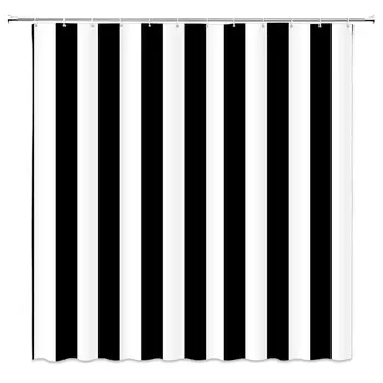 

Black White Shower Curtain Stripes Decor Modern Simple Bathroom Curtain Decor Machine Washable with Hooks