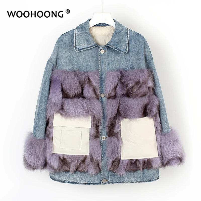 

Winter New Style Real Fur Jacket Fox fur coat Denim Jacket Woman Down Jacket Loose Liner Korean Streetwear