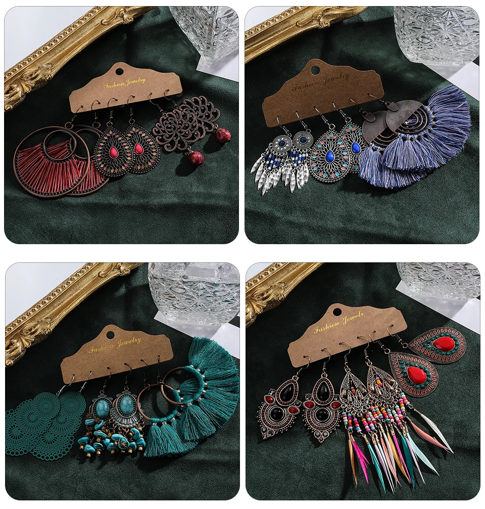 Ethnic Sundry Color Feather Tassel Earrings Sets Bundles for Women 2020 Boho Vintage Metal Water Drop Earring Jewelry Gifts Accessories Wholesale Dropshipping (250)