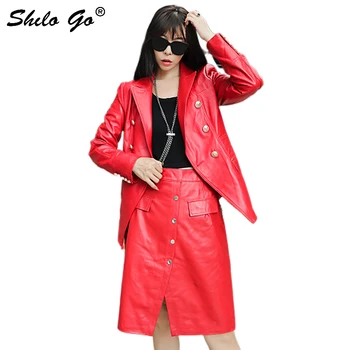 

Genuine Leather Coat Office Lady Double Breasted Notched Neck Leather Blazer Women Autumn Workwear Minimalist Slim Outwear