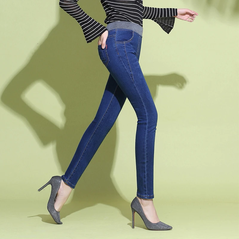 Dark blue trouser Осень-зима, джинсы размера плюс, женские узкие брюки, женские повседневные брюки с высокой талией, джинсы, модные леггинсы, простые женские - Цвет: Dark blue trouser