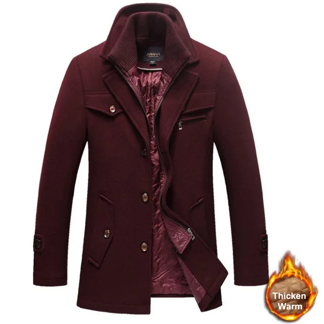 Зимнее шерстяное толстое теплое пальто для мужчин, модные ветрозащитные повседневные мужские куртки с двойным воротником, верхняя одежда, длинные шерстяные пальто, Прямая поставка - Цвет: Красный