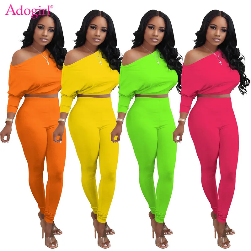 

Adogirl 2020 New Solid Fluorescent Color Two Piece Set Off Shoulder Long Sleeve Crop Top Elastic Waist Pants Women Tracksuit