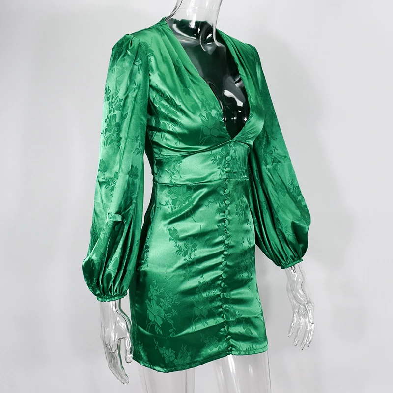 Женское зеленое сексуальное платье NewAsia Garden с длинным рукавом-фонариком и глубоким v-образным вырезом, однобортные вечерние платья с принтом, винтажное Повседневное платье