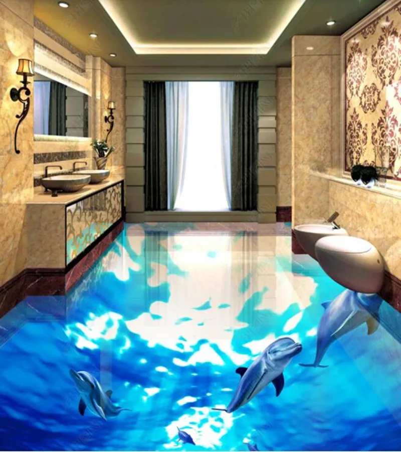 

PVC Dolphin beautiful underwater world non-slip waterproof self-adhesive 3D floor sticker tiles bathroom 3D wallpaper