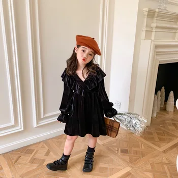 

2020 Autumn and Winter Girls Long Sleeve Solid Color Temperment V-neck Wooden Ear Velvet Dress Princess Toddler Kids Dresses