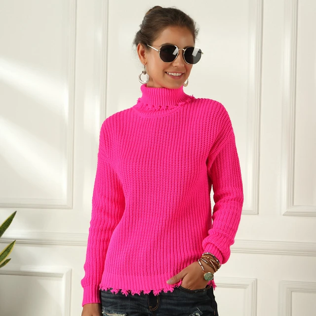 Women Knitted Neon Sweater Green Fuchsia Pink Ladies Turtleneck Pullover  Tops Casual Knitting Sweaters Female Hollow Out Jumpers - Pullovers -  AliExpress