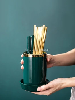 

1pcs Northern European light luxury emerald chopsticks storage tube ceramic household moldproof kitchen knife fork drain cage