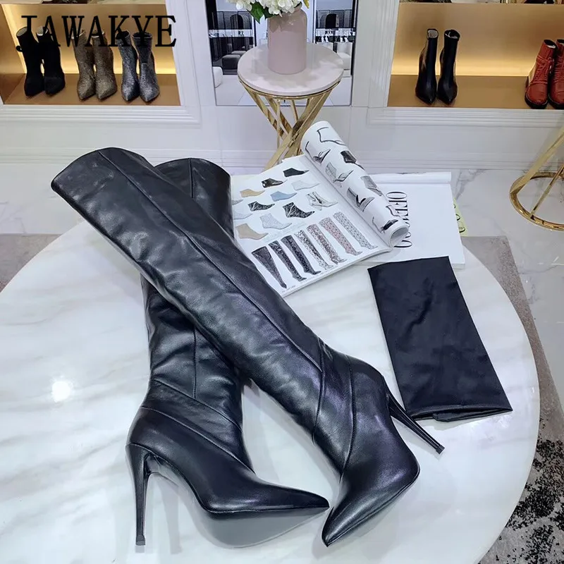 black matte leather Новинка года; женские сапоги до колена из натуральной кожи; цвет золотой, черный; вечерние сапоги на высоком каблуке с острым носком; зимние высокие сапоги; рыцарские сапоги - Цвет: black matte leather