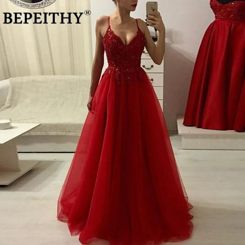 

BEPEITHY 2019 A-Line Burgundy Long Evening Dresses Party Elegant Sexy Deep V Neck Vestidos De Festa Prom Gowns