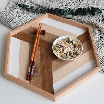 

Hexagonal Wood Tableware Serving Tray Decorative Food Holder Container Fruit Dish Breakfast Storage Tray Kitchen Accessories