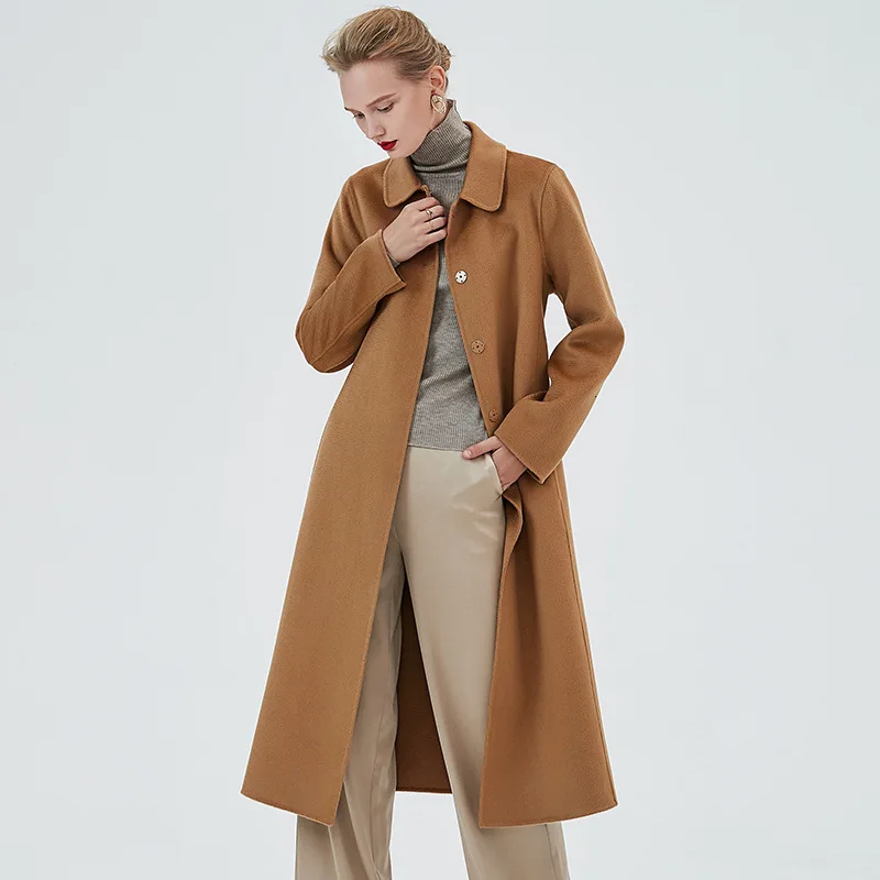 Зимнее женское высококачественное двустороннее шерстяное кашемировое пальто, тонкое длинное дизайнерское Однотонное шерстяное пальто с поясом, элегантное уличное пальто
