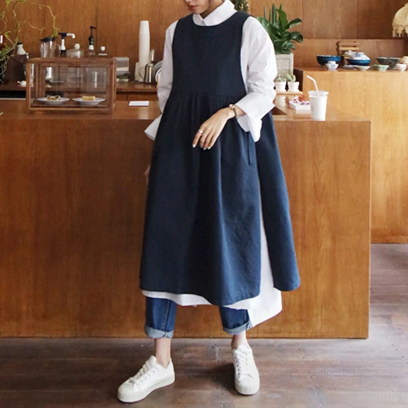 navy dress Новинка, вязаный пуловер с круглым вырезом, без рукавов, ТРАПЕЦИЕВИДНОЕ, свободное, длинное, льняное, хлопковое, свободное, корейское платье для женщин, Vestido WJ17217L - Цвет: navy dress