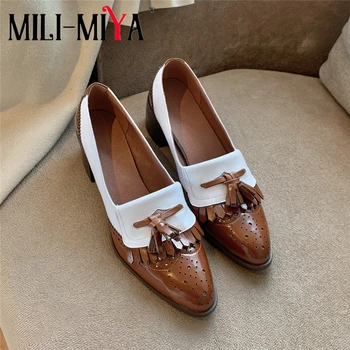 

MILI-MIYA Classic Design Women Full Genuine Leather Pumps Round Toe Square Heel Slip-On Mixed Color Dress Party Shoes Size 34-40