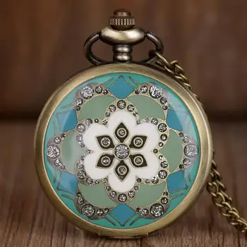 

Vintage Green Jade Bronze Quartz Pocket Watch Unisex Necklace Pendant Chain for Men Women