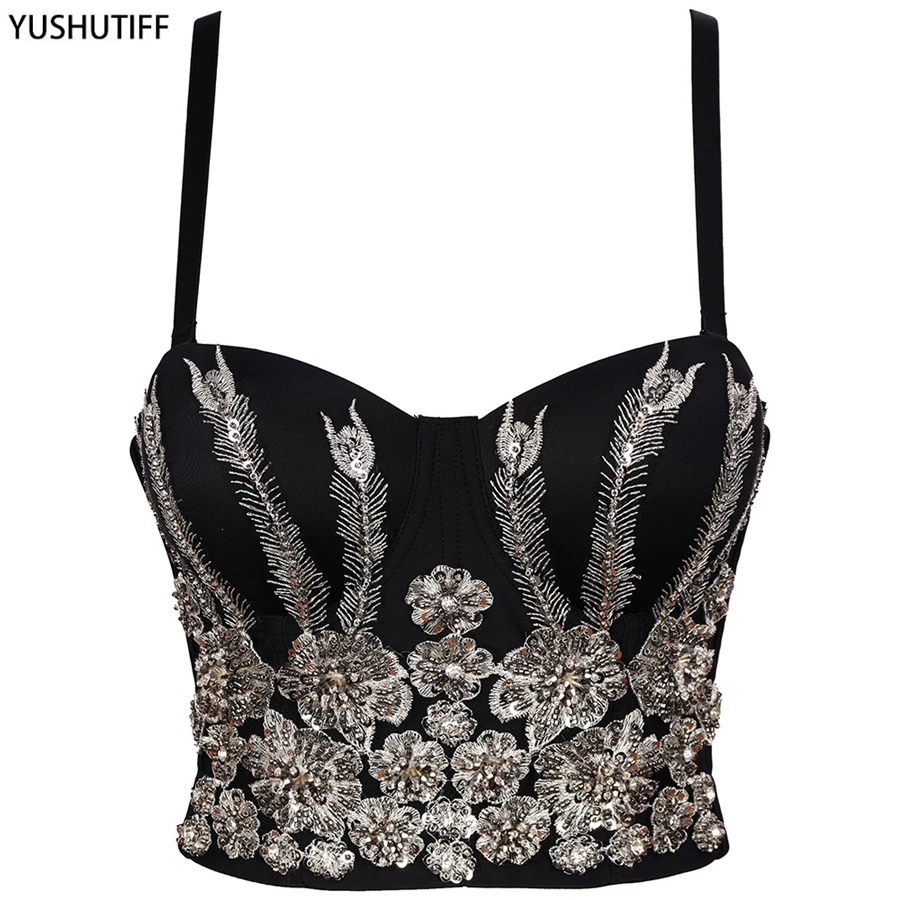 

Crop Top Built in Bra Fashion Night Out Embroidery Corset Tops Coquette Clothing Rave Bustier Female Party Sleeveless Vests