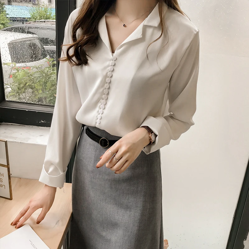  2019 New arrived summer wear women blouse solid chiffon notched shirt Long Sleeve work wear women t