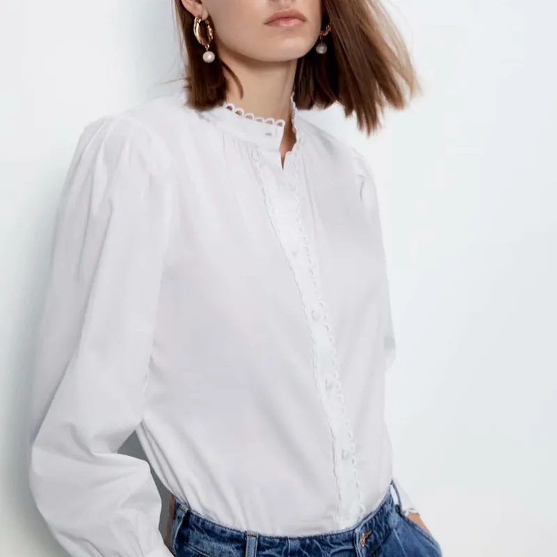 

ZA 2019 Auumn New Corrugated Edge Shirt Women White Long Sleeve Shirt JUC9076