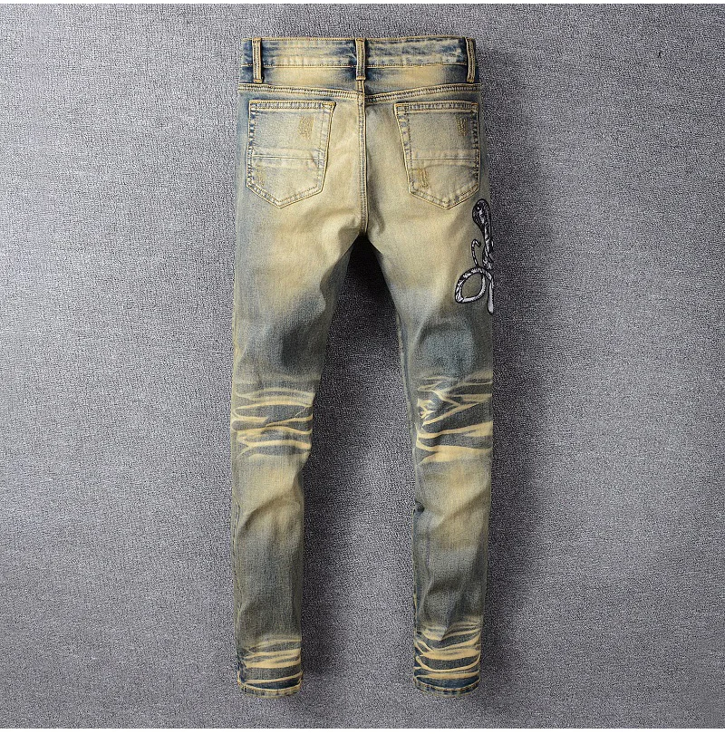 Sokotoo мужские вышитые змеиной ретро джинсовые узкие сильно облегающие джинсы дырочки из искусственной кожи лоскутные стрейч брюки