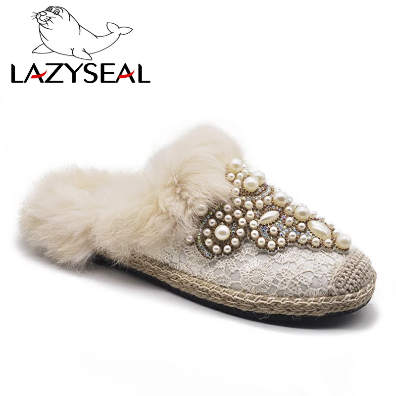 LazySeal/ г. Зимняя женская обувь на натуральном меху женские ботинки с бусинами на плоской подошве - Цвет: Beige-No heel