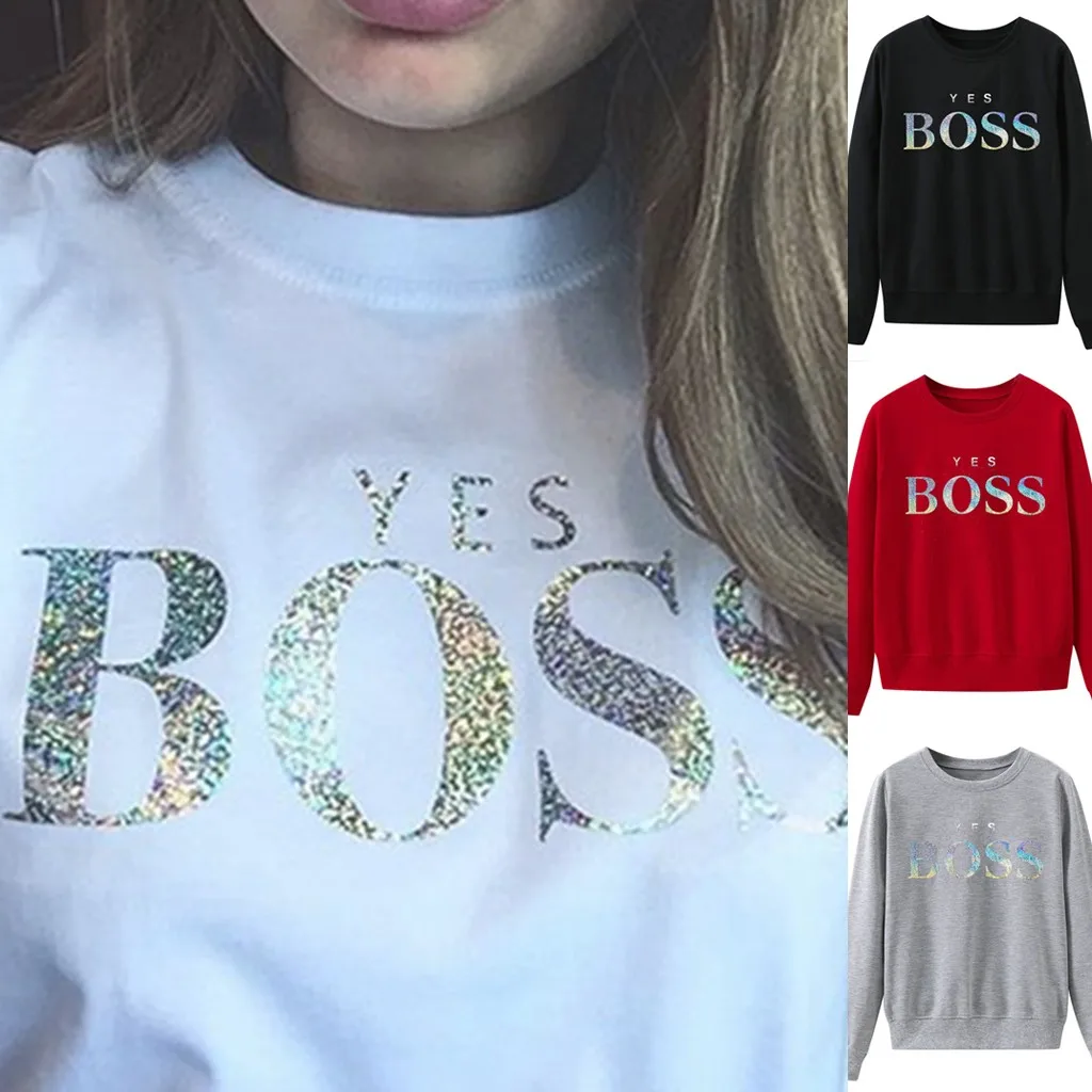 Женская Осенняя толстовка с блестками и надписью «Yes Boss», Женская толстовка с капюшоном, пуловер с длинным рукавом в стиле Харадзюку, джемпер, Sudadera Mujer