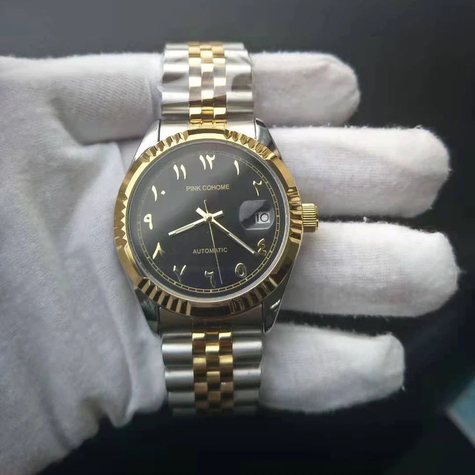 Boyarca Orologi meccanici di lusso in acciaio con numeri arabi, movimento automatico, numeri in urdu, orologio meccanico da polso da uomo da 38 mm con data impermeabile luminosa (nero