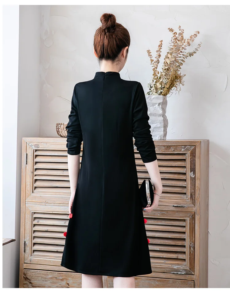 Retro Simple Long Sleeve Elegant Slim Improved Cheongsam Dress Fashion Frog Black Qipao Dress Traditional Chinese Party Dress